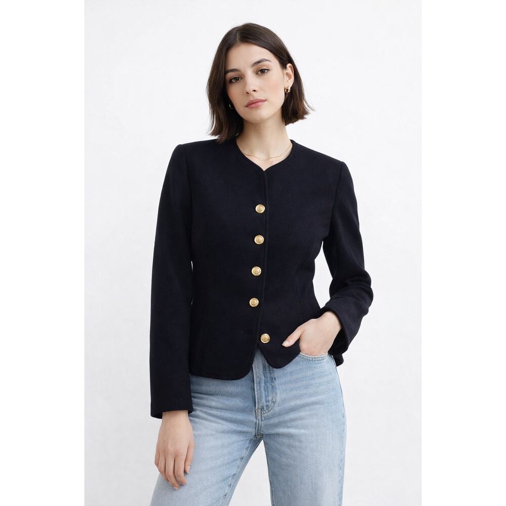 Vintage Black Wool Cashmere Round Collar Blazer Gold Button Tailored Jacket 10